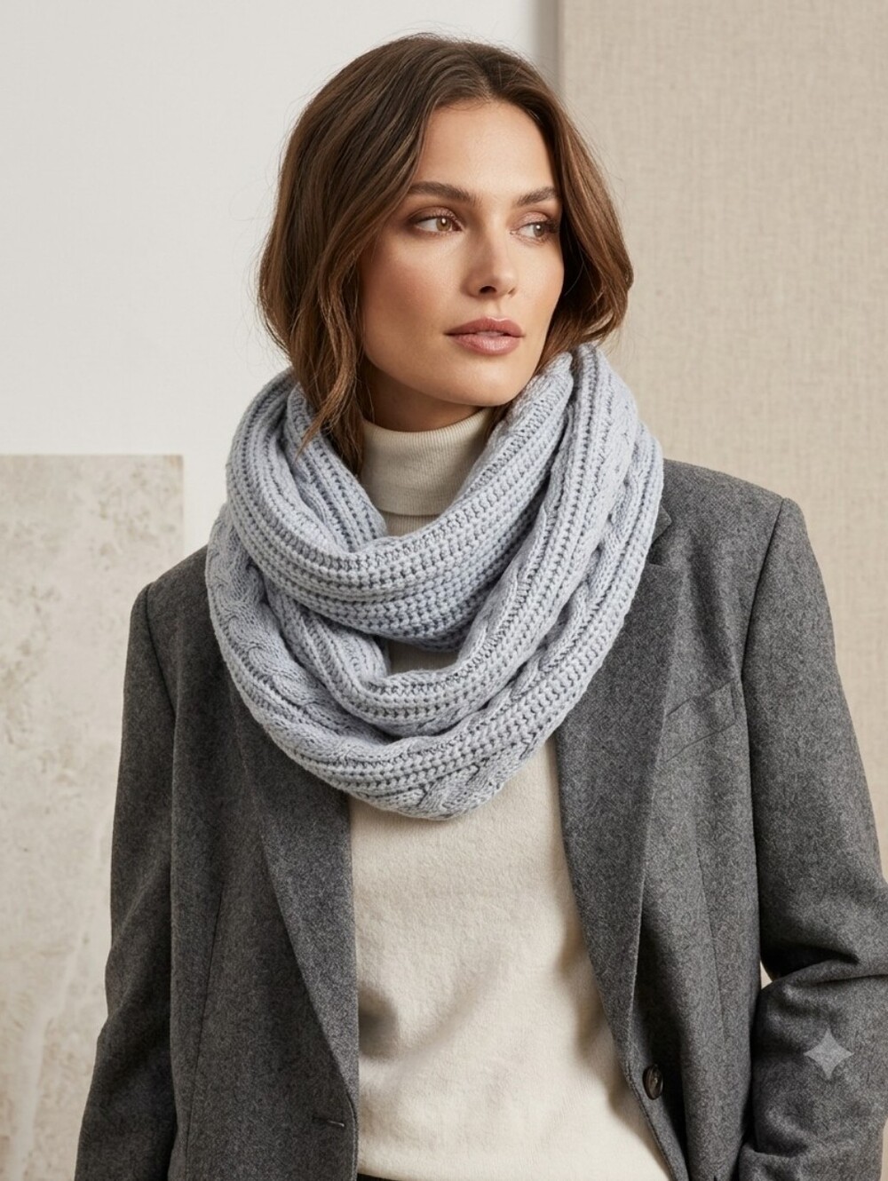 Club Monaco Pale Blue Cable Knit Wool Blend Infinity Scarf Thick & Cozy